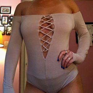 Beige Lace Up Bodysuit